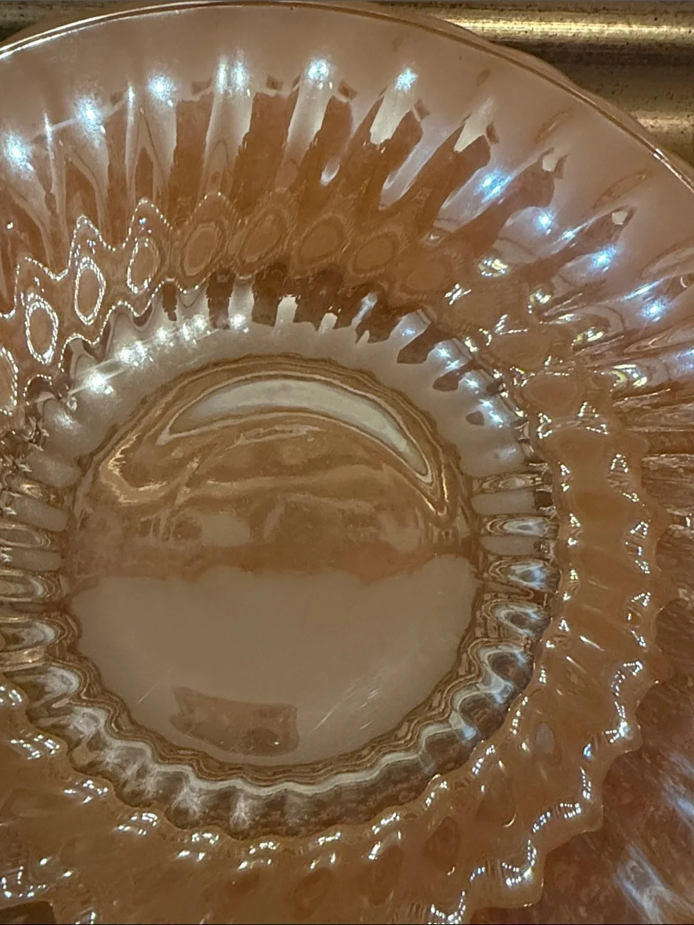 Anchor Hocking Fire King  Iridescent Peach Carnival Glass Serving Bowl